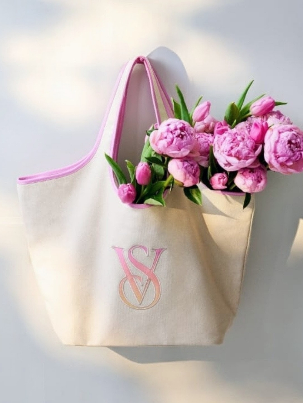 Victoria's Secret VS Ombre Monogram Canvas Tote Bag Ivory with Pink Trim